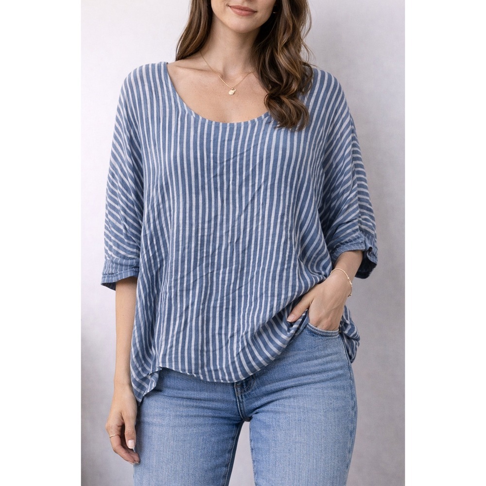 NT by Amati Isabel Boutique Top Women One Size Blue Striped Sequin Made in Italy